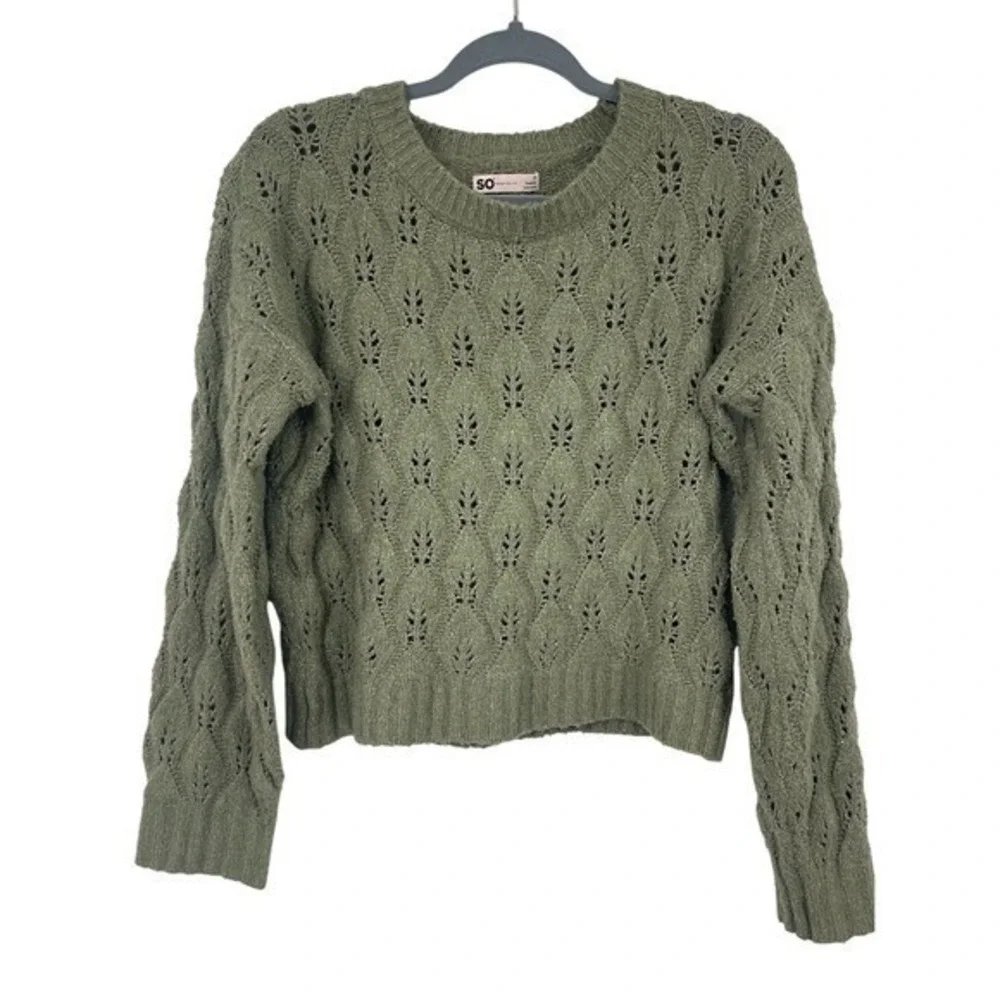 SO Goods‎ for Life Olive Green Pointelle Knit Sweater Medium Cropped Cottagecore